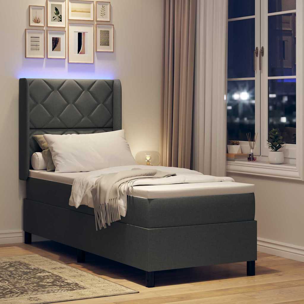Lit à ressort LED avec tête de lit Gris foncé 90 x 190 cm tissu