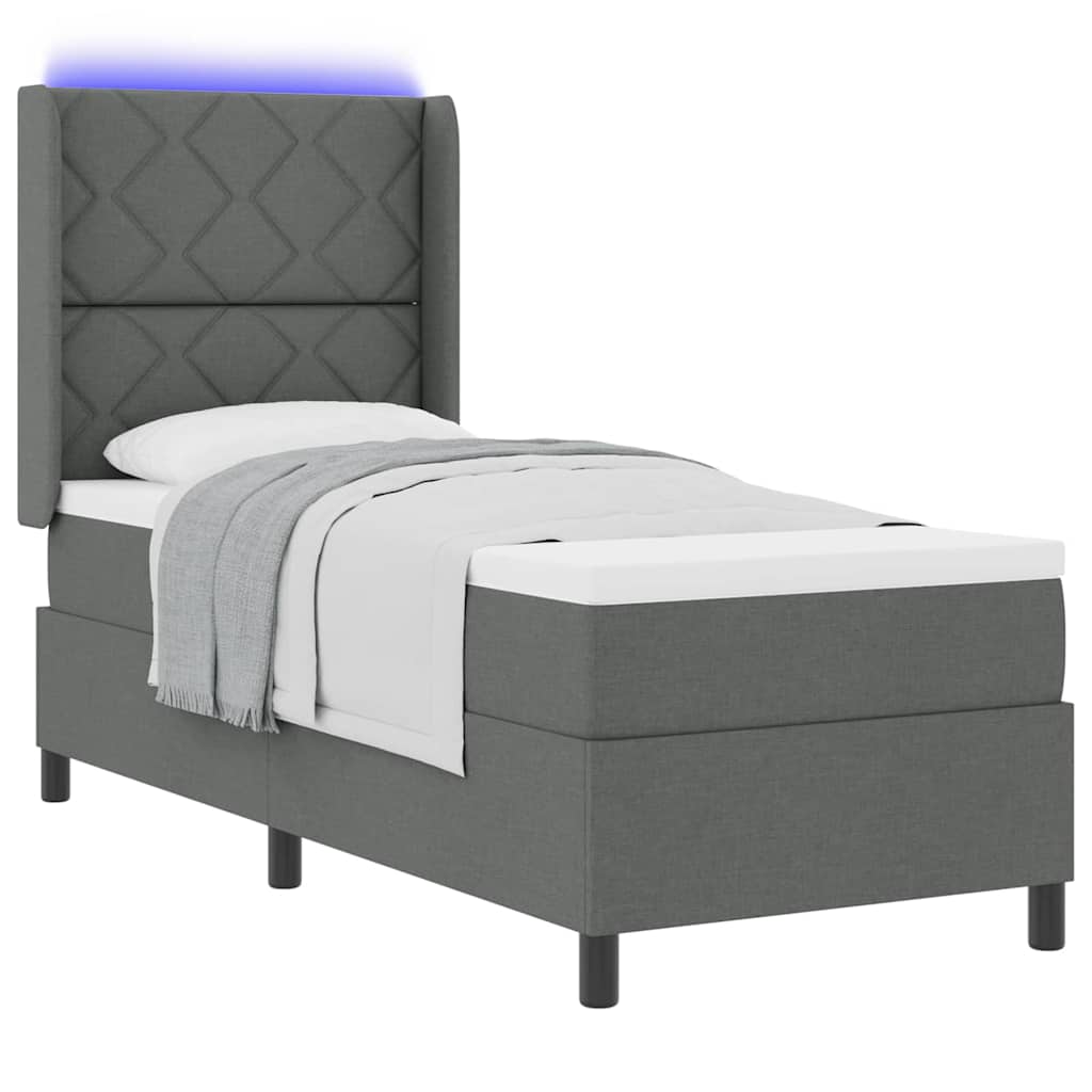 Lit à ressort LED avec tête de lit Gris foncé 90 x 190 cm tissu