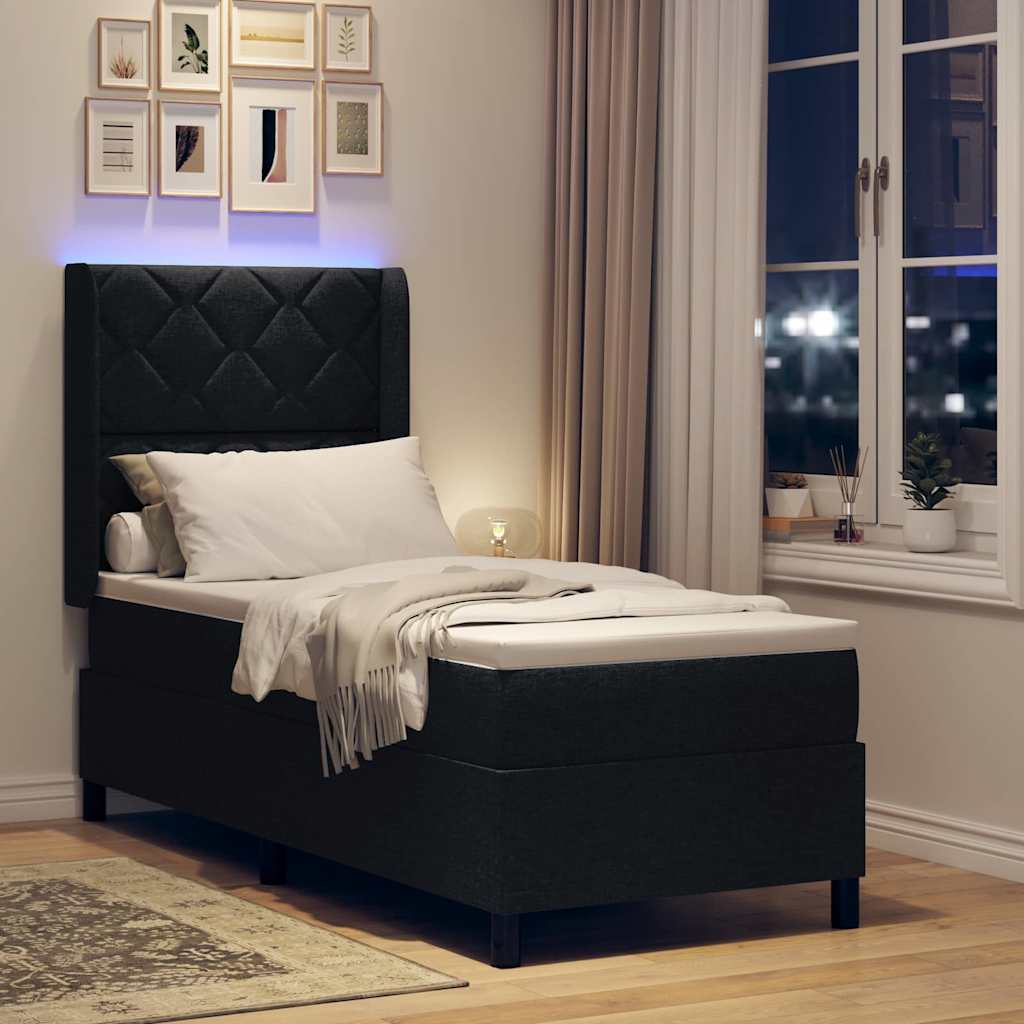 Lit à ressort LED avec tête de lit Noir 90 x 190 cm tissu