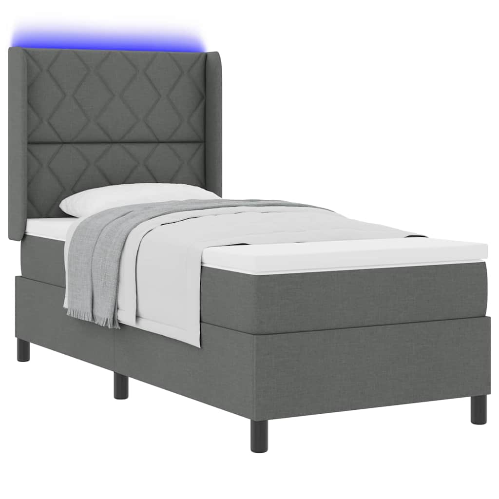 Lit à ressort LED avec tête de lit Gris foncé 90 x 200 cm tissu