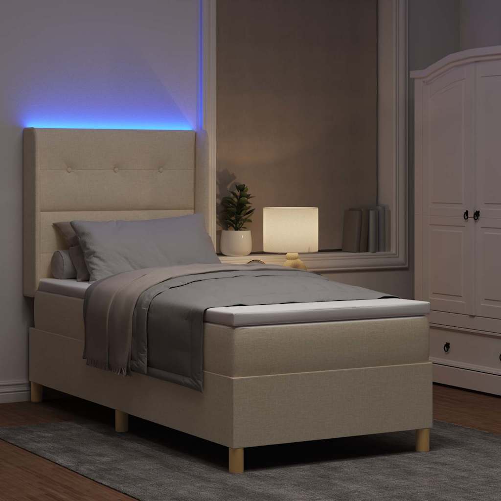Lit à ressorts avec bandes LED Crème 90 x 200 cm tissu