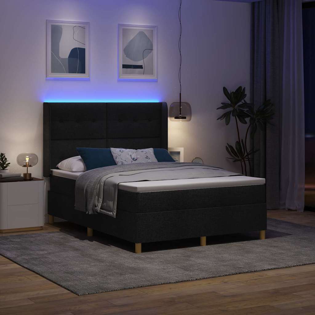 Lit à ressorts avec bandes LED Noir 140 x 200 cm tissu