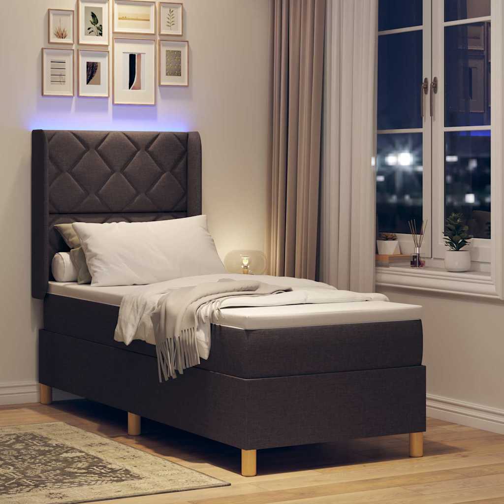 Lit à ressorts avec bandes LED Marron 80 x 200 cm tissu