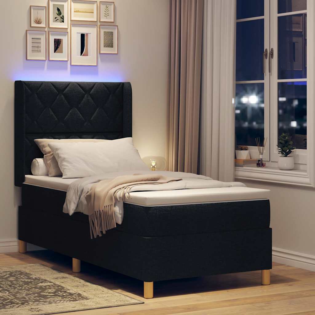 Lit à ressorts avec bandes LED Noir 90 x 200 cm tissu