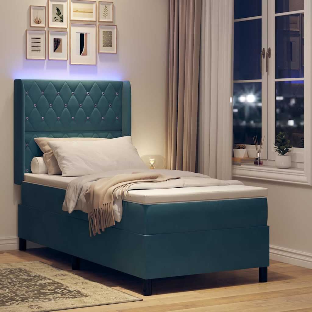 Lit à ressorts avec matelas avec LED Bleu 90 x 190 cm Velours