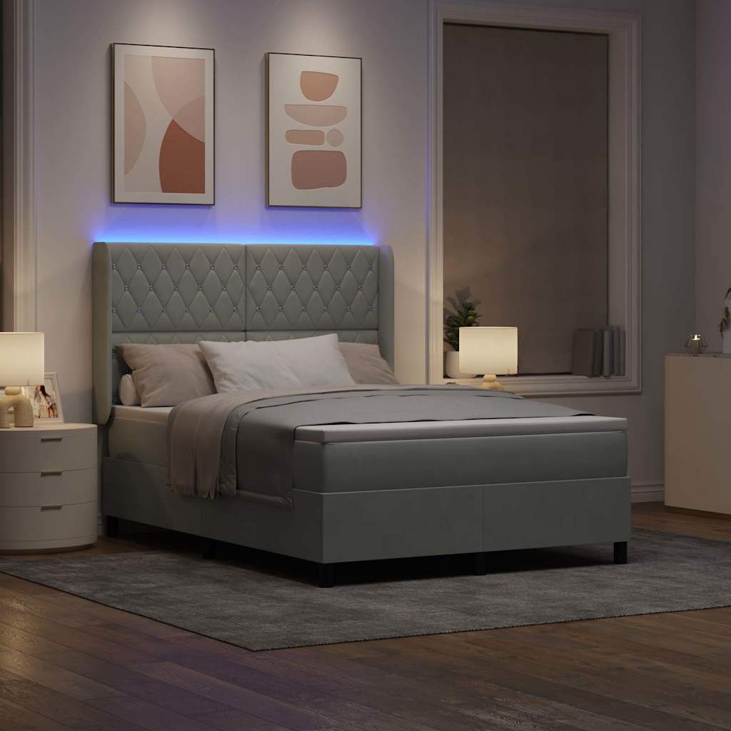 Lit à ressorts avec bandes LED Gris clair 140 x 190 cm Velours
