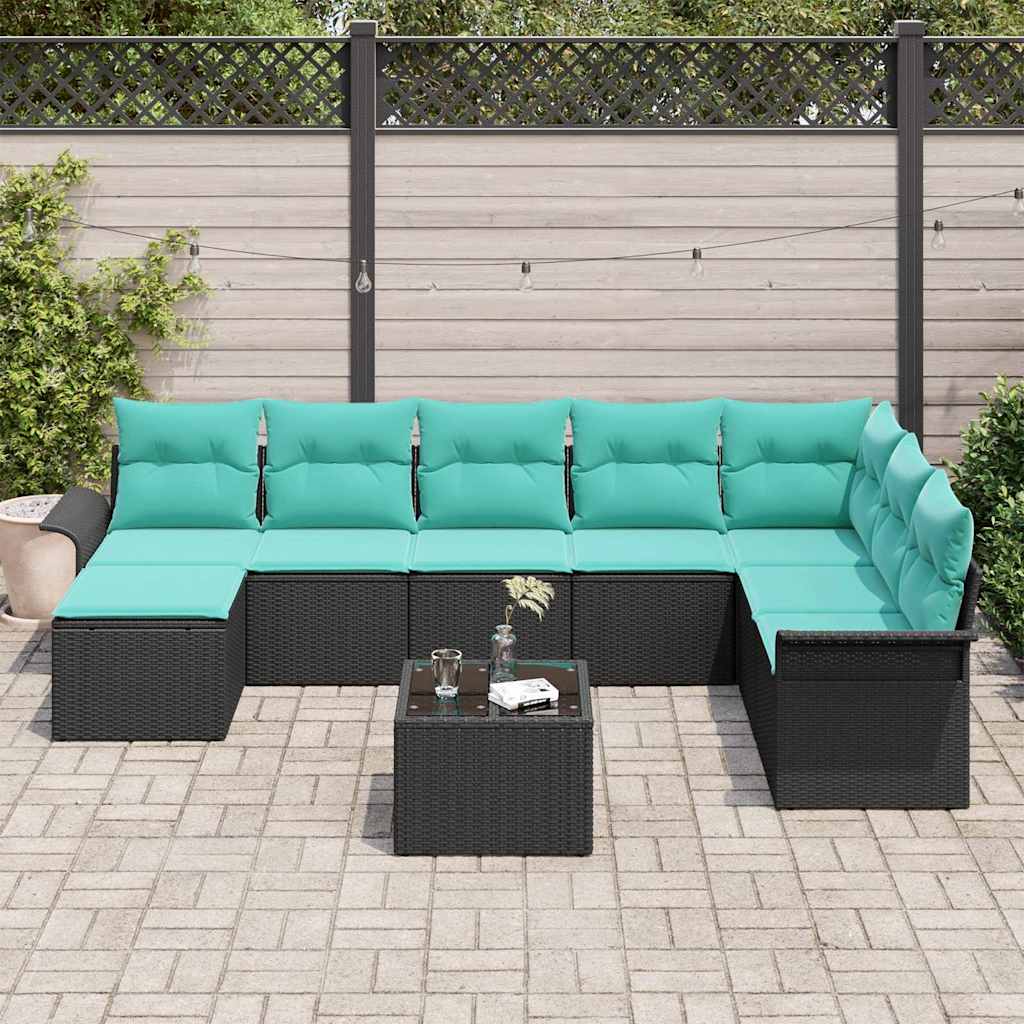 Ensemble de canapé de jardin avec coussin 9 pcs Noir Poly rotin
