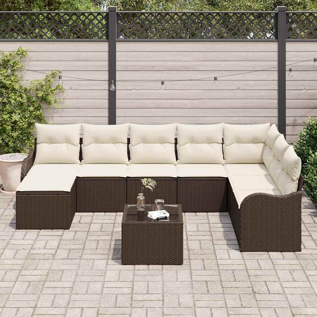 Ensemble de canapé de jardin 9 pcs Marron et blanc Poly rotin