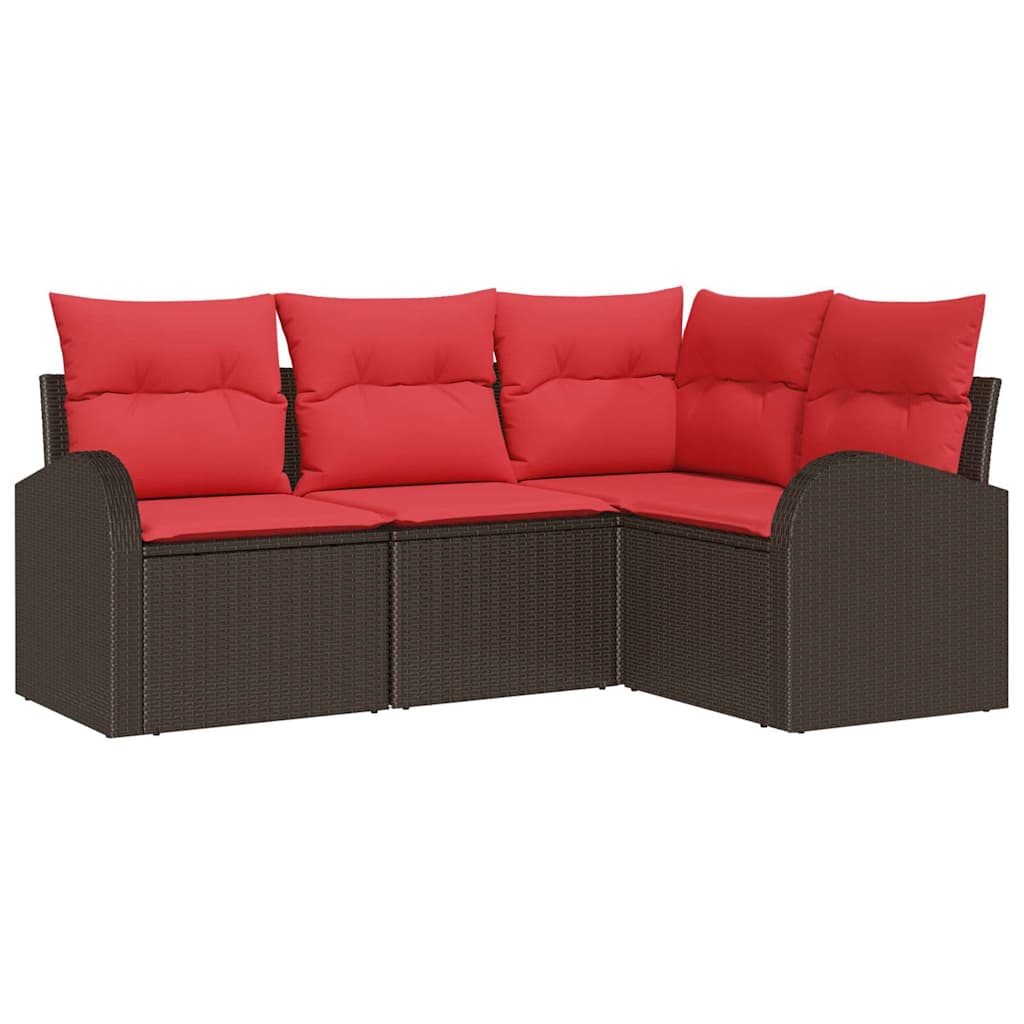 Ensemble de canapé de jardin 4 pcs Marron et rouge polyrotin