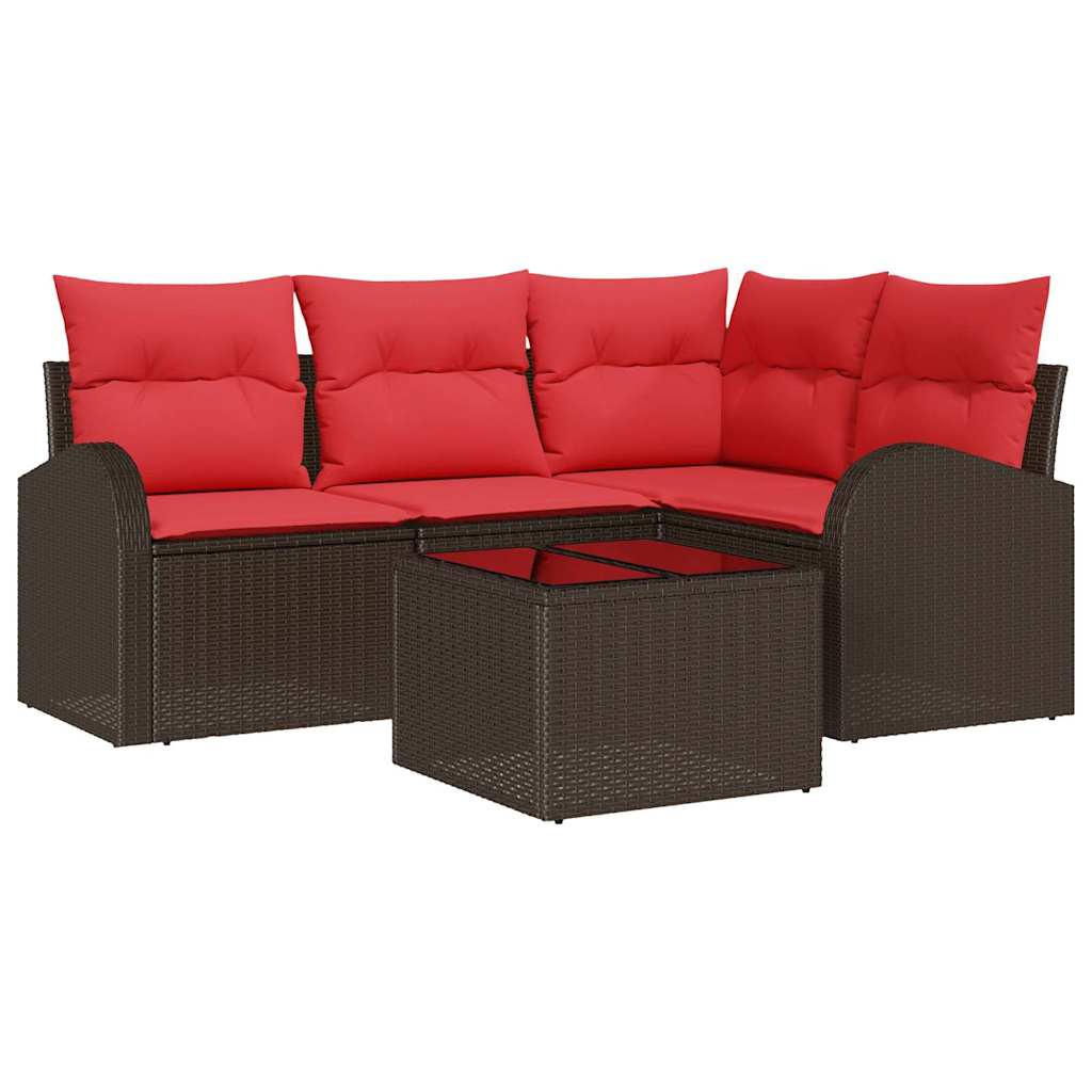 Ensemble de canapé de jardin 5 pcs Marron et rouge polyrotin