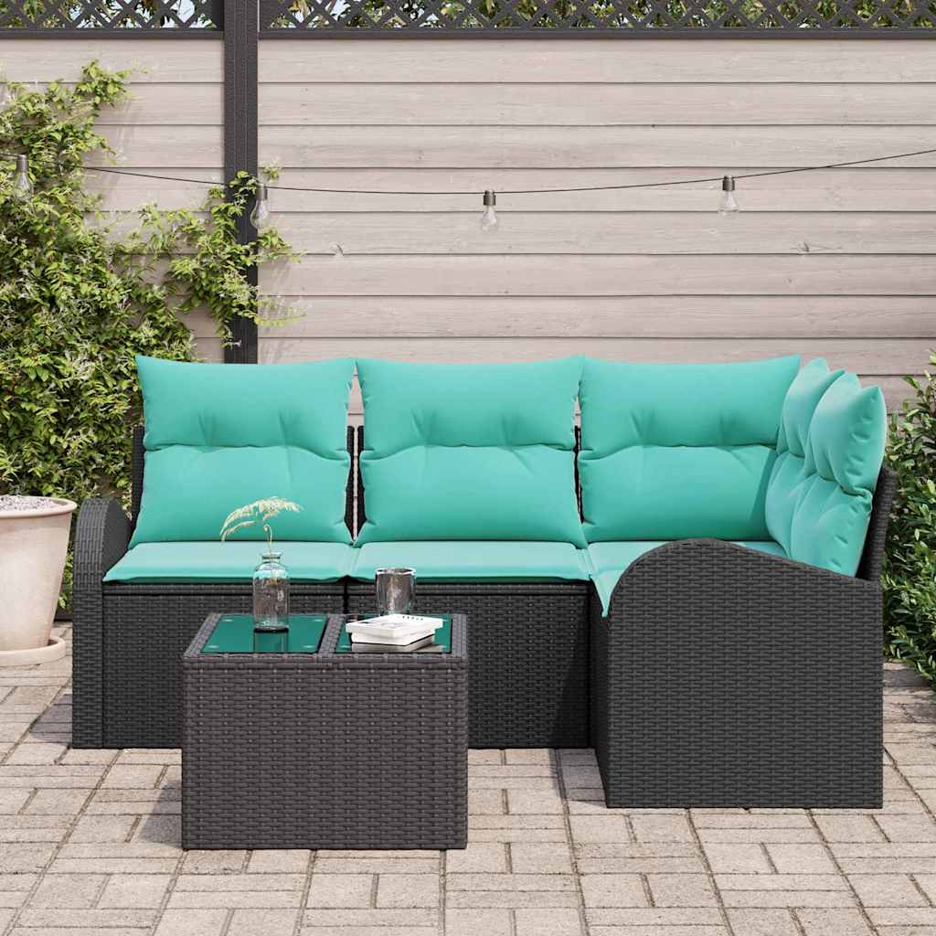 Ensemble de canapé de jardin 5 pcs Noir et turquoise polyrotin