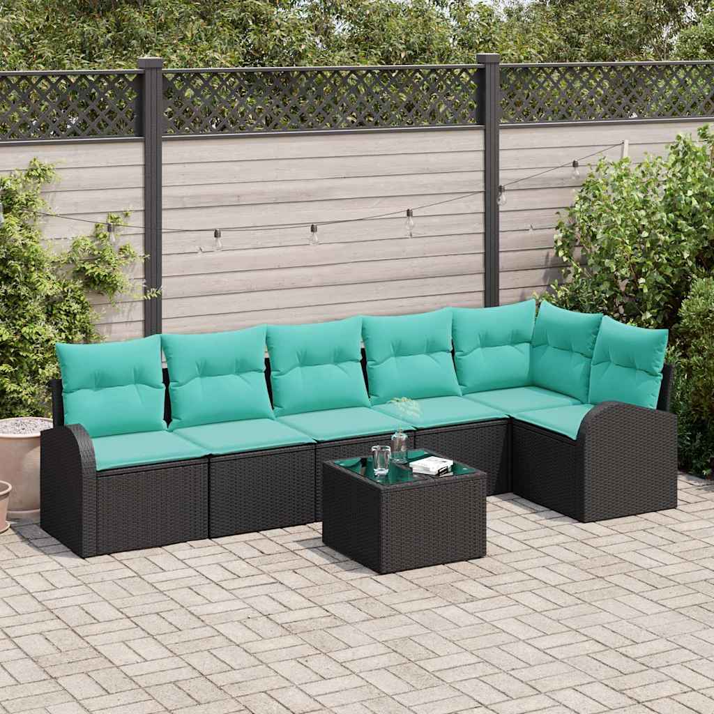 Ensemble de canapé de jardin 7 pc Noir et turquoise polyrotin