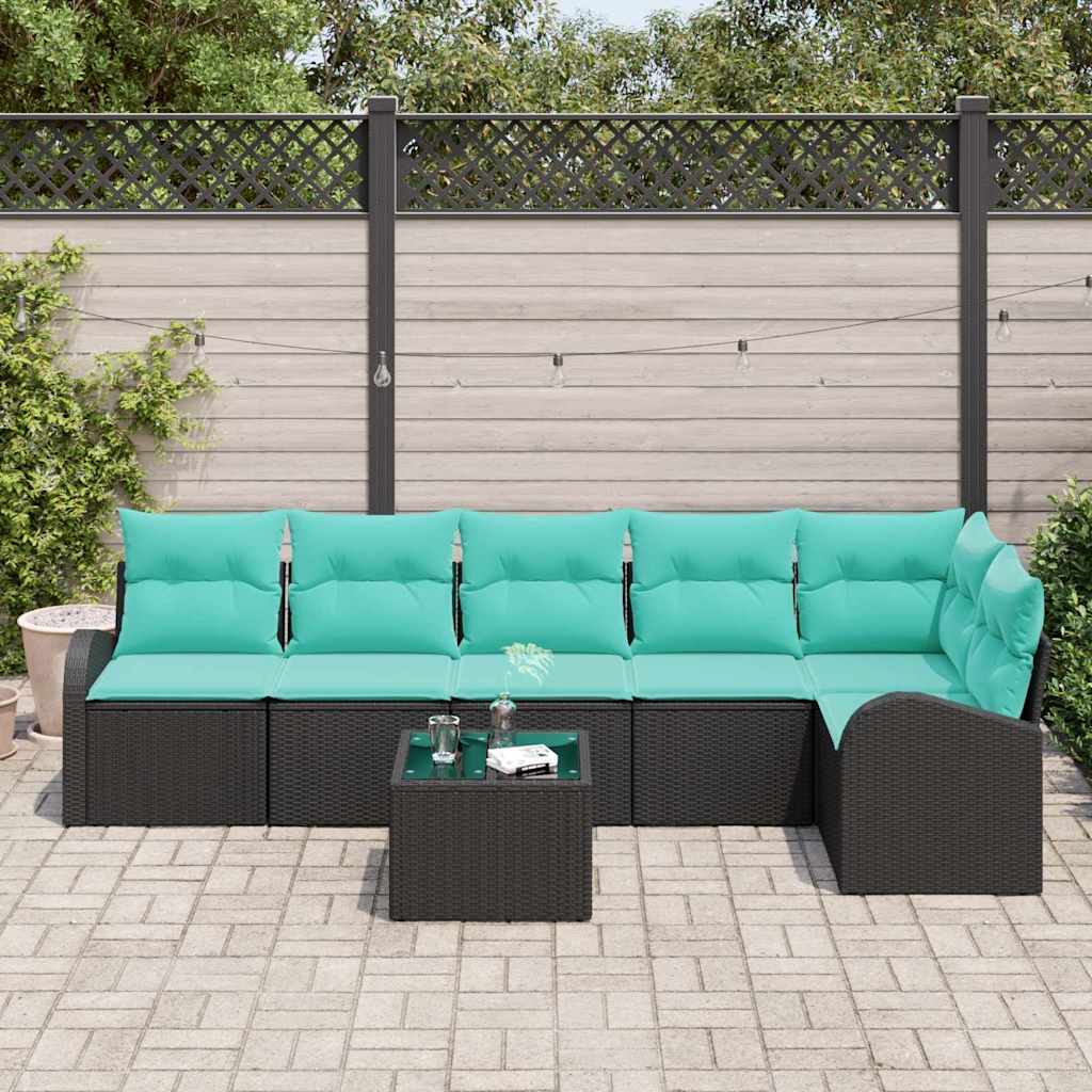 Ensemble de canapé de jardin 7 pcs Noir et turquoise polyrotin