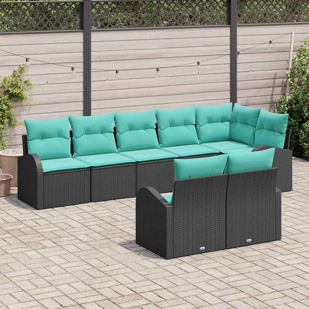 Ensemble de canapé de jardin 8 pcs Noir et turquoise polyrotin