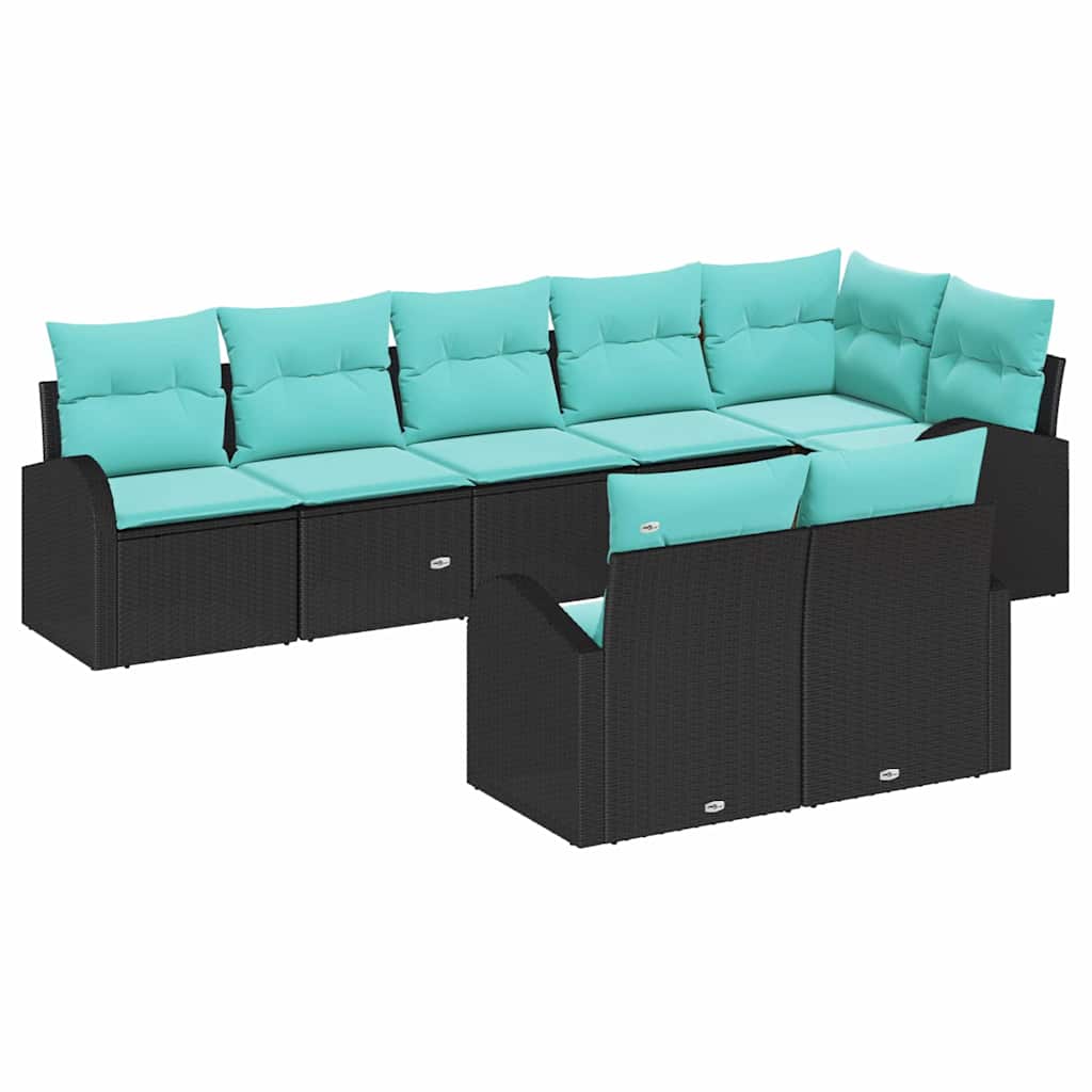 Ensemble de canapé de jardin 8 pcs Noir et turquoise polyrotin