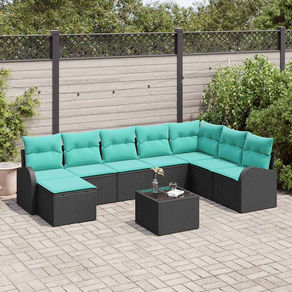 Ensemble de Canapés 9 pcs Noir et turquoise polyrotin