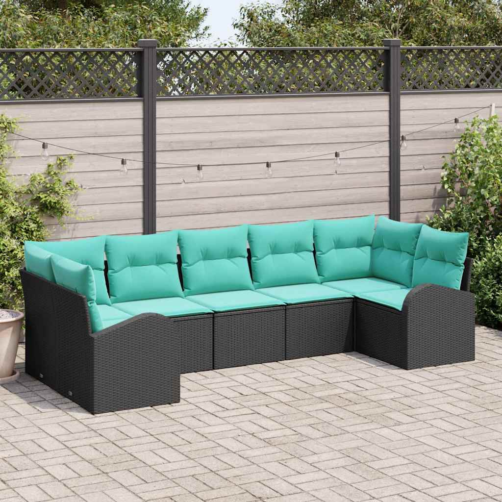 Ensemble de canapé de jardin 7 pcs Noir et turquoise polyrotin
