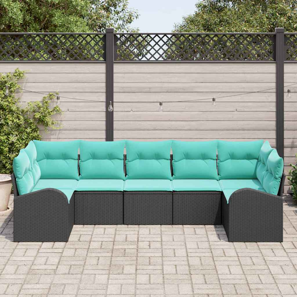 Ensemble de canapé de jardin 7 pcs Noir et turquoise polyrotin