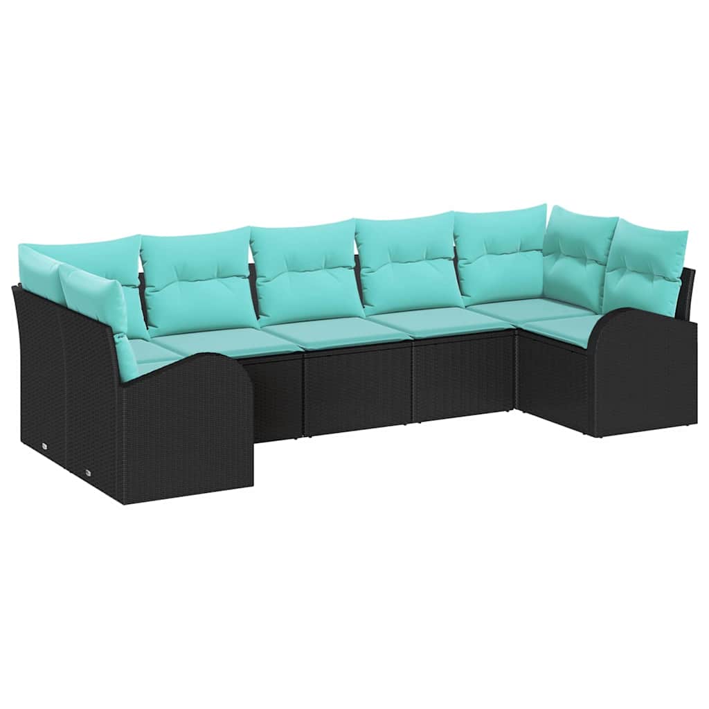 Ensemble de canapé de jardin 7 pcs Noir et turquoise polyrotin