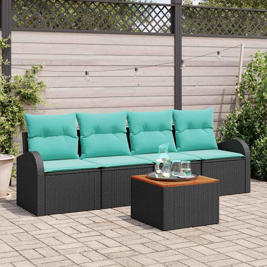 Ensemble de canapé de jardin 5 pc Noir et turquoise polyrotin