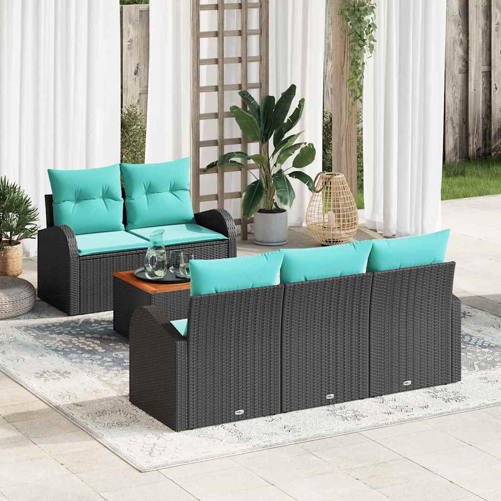 Ensemble de canapé de jardin 6 pc Noir et turquoise polyrotin