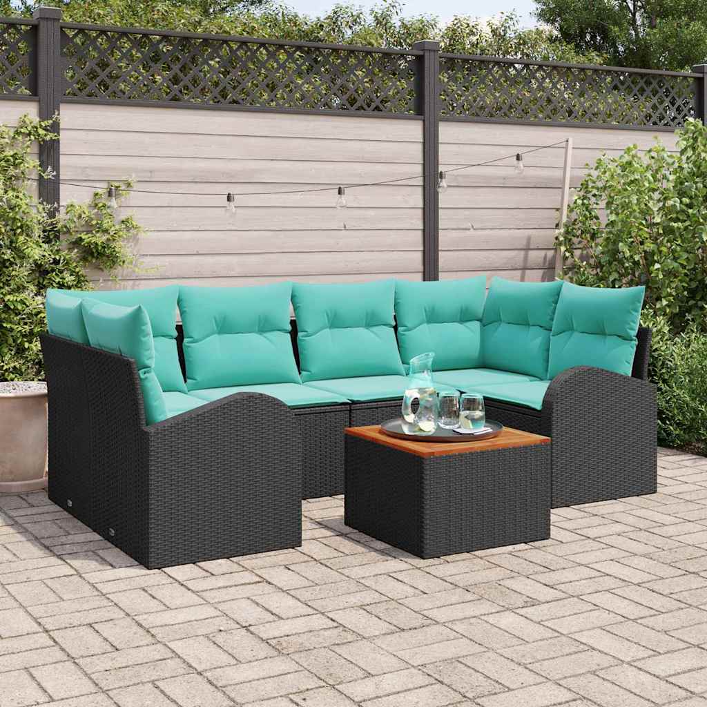 Ensemble de canapé de jardin 7 pcs Noir et turquoise polyrotin