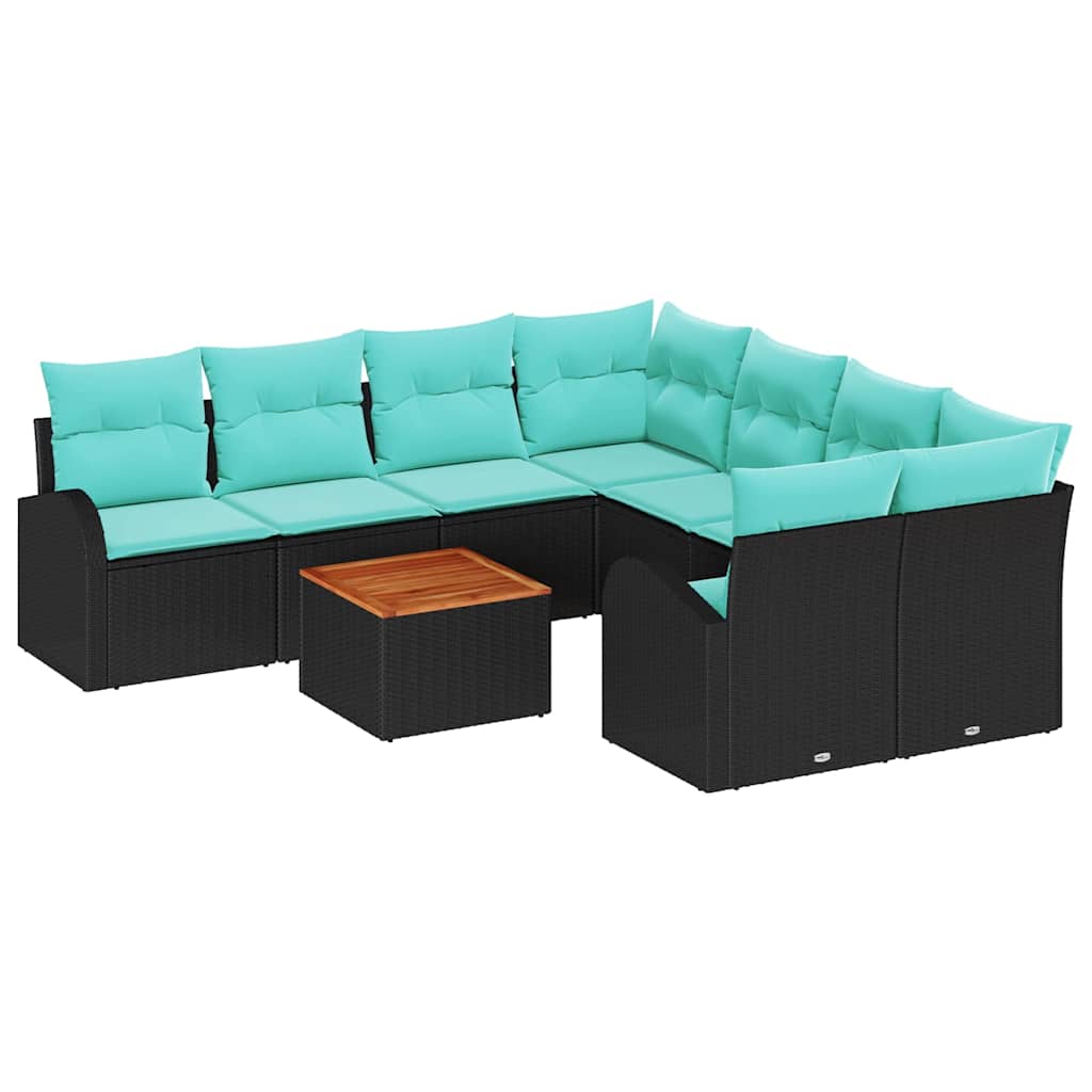 Ensemble de canapé de jardin 9 pcs Noir et turquoise polyrotin