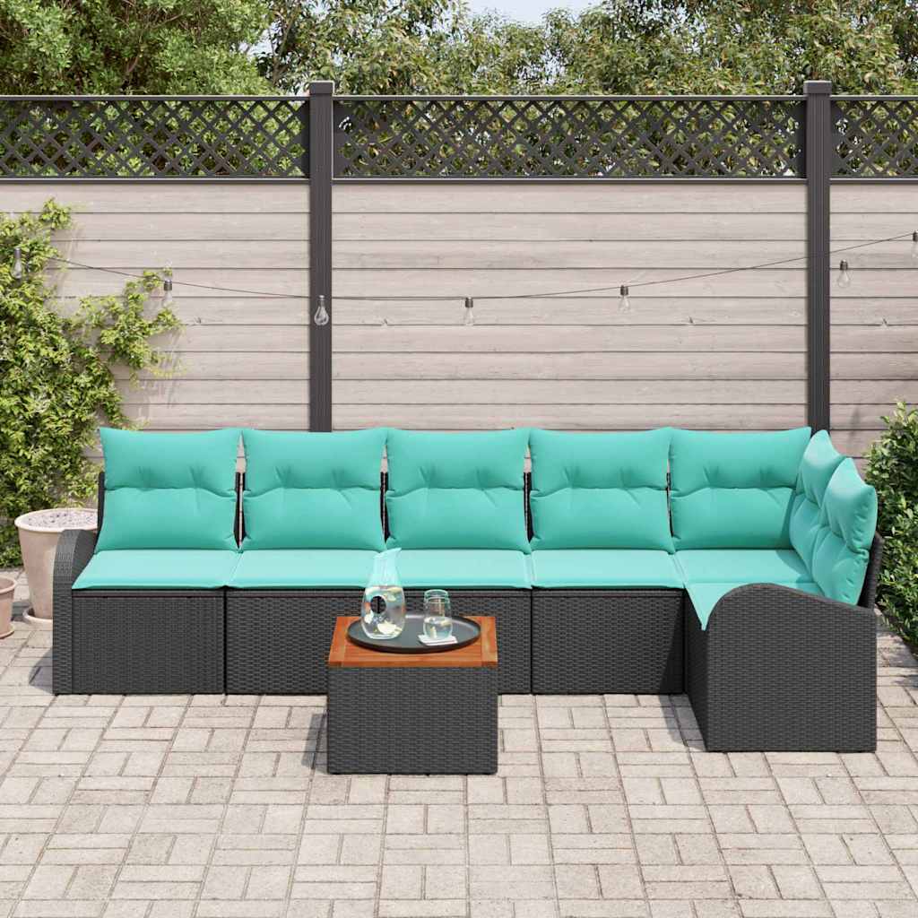 Ensemble de canapé de jardin 7 pcs Noir et turquoise polyrotin