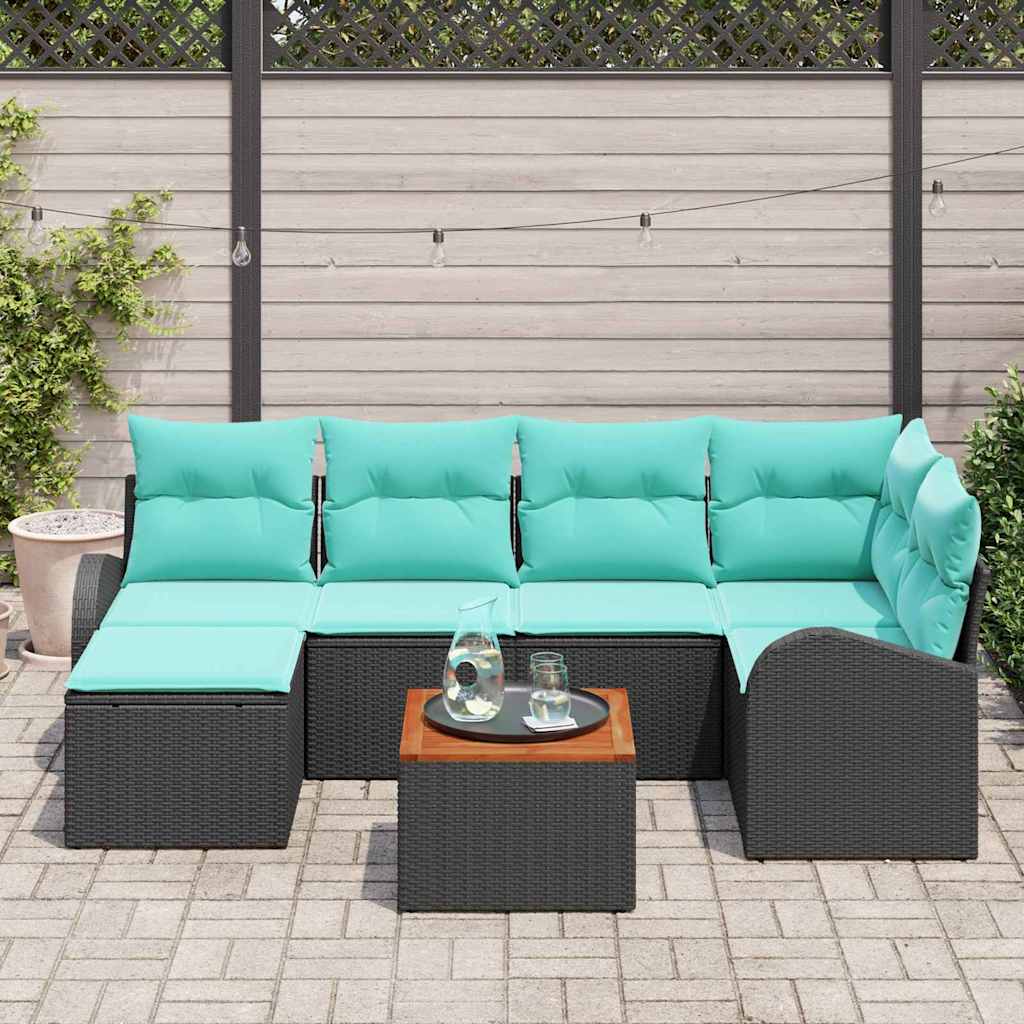 Ensemble de canapé de jardin 7 pcs Noir et turquoise polyrotin