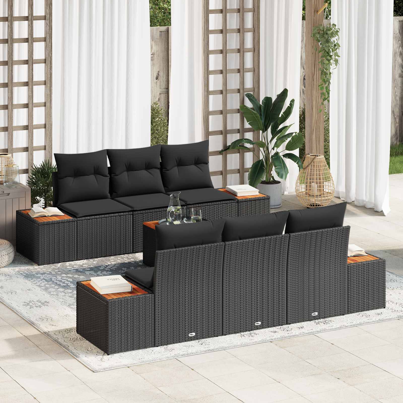 Ensemble de canapé de jardin avec coussin 7 pcs Noir Poly rotin - XIOS