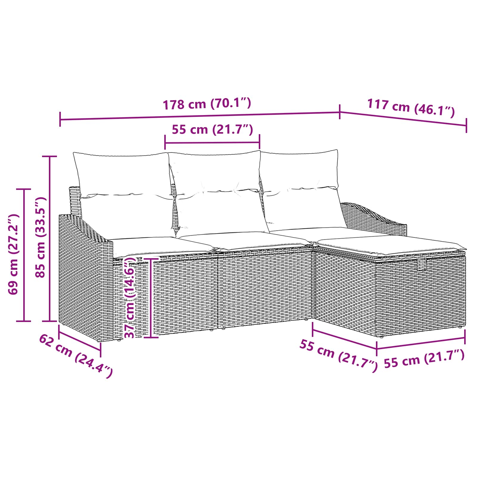 Ensemble de Canapés avec coussin 4 pcs Noir Poly rotin - XIOS