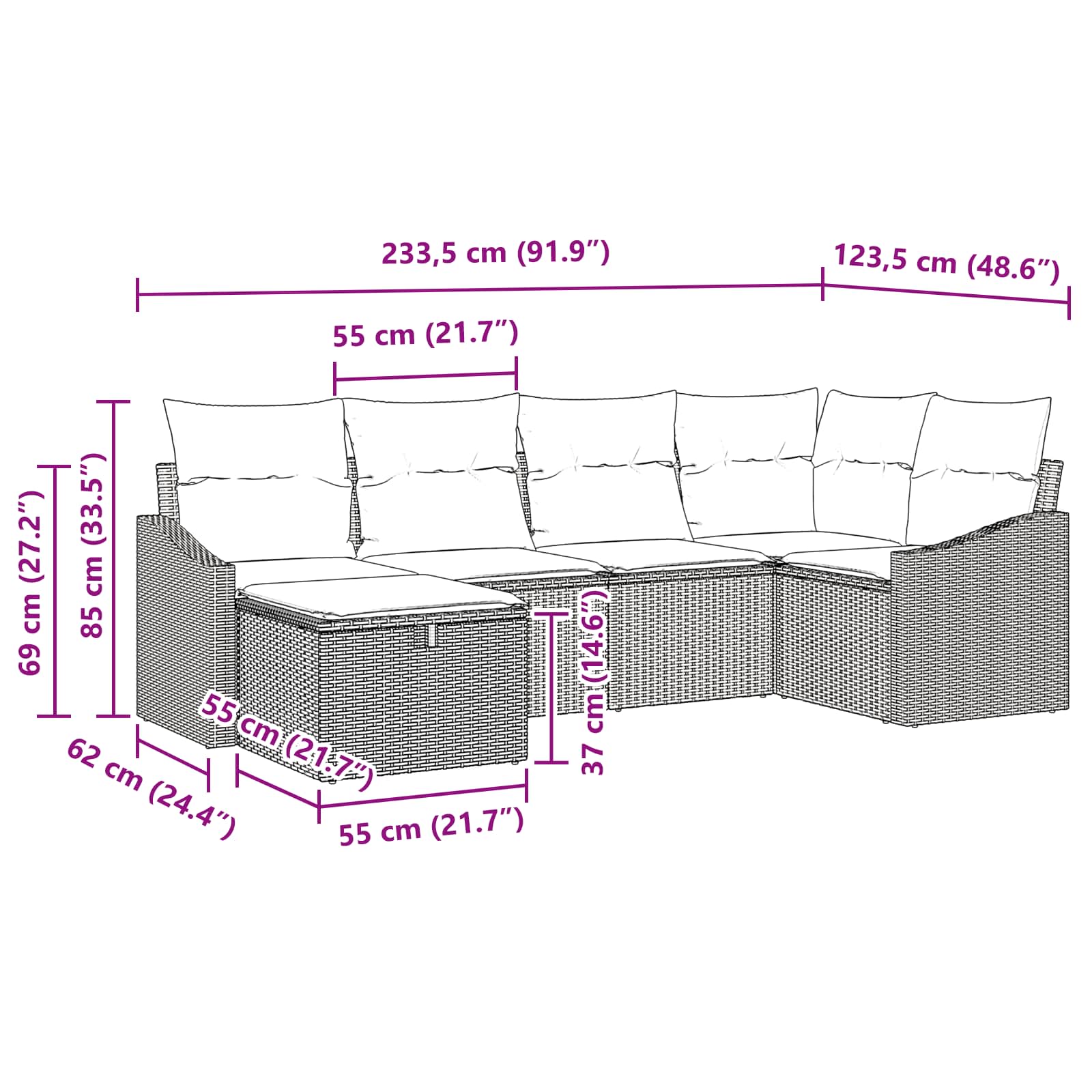 Ensemble de Canapés avec coussin 6 pcs Noir polyrotin - XIOS