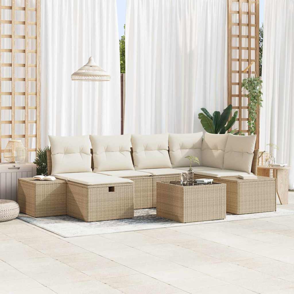 Ensemble de canapé de jardin avec coussin 7 pcs Beige polyrotin