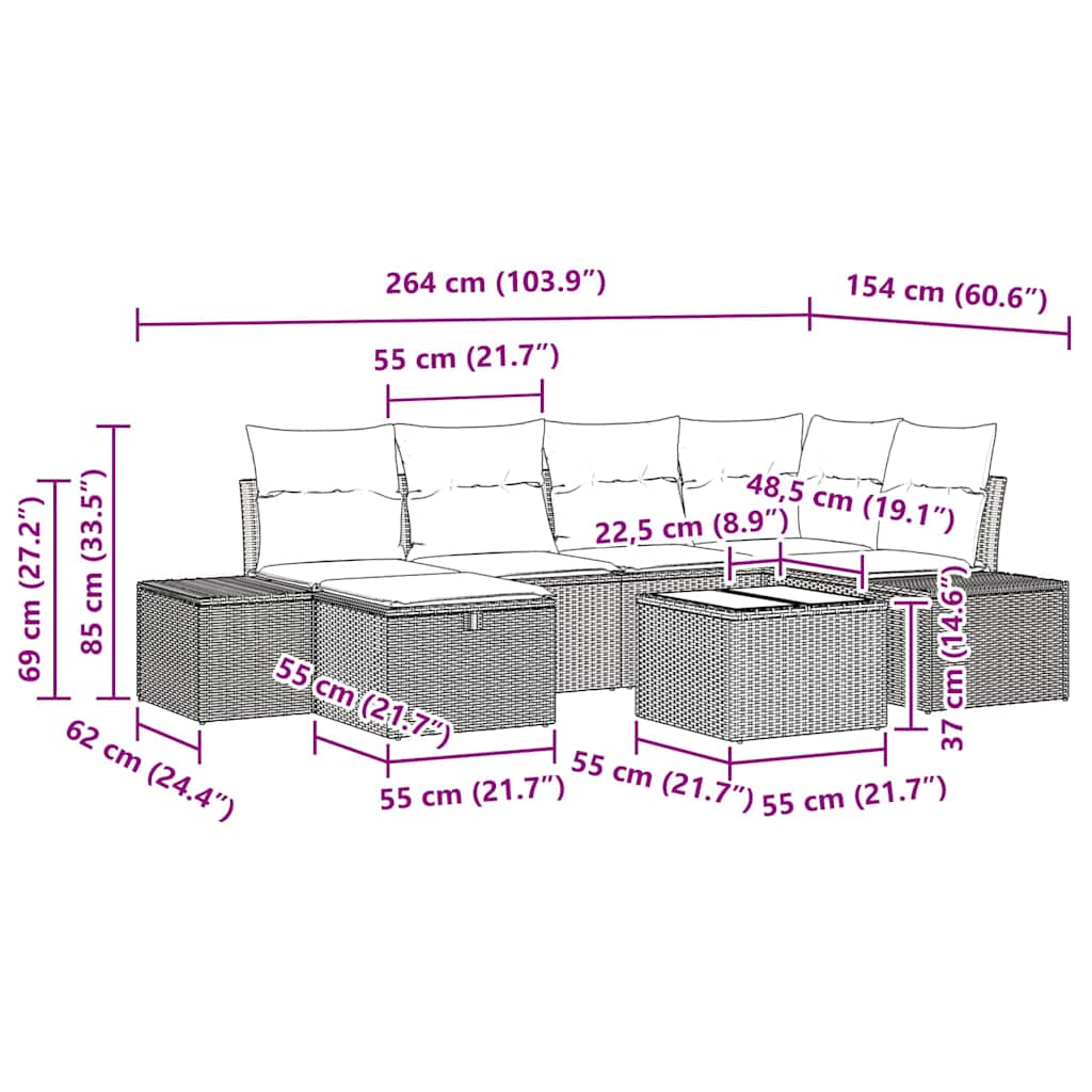 Ensemble de canapé de jardin avec coussin 7 pcs Noir polyrotin
