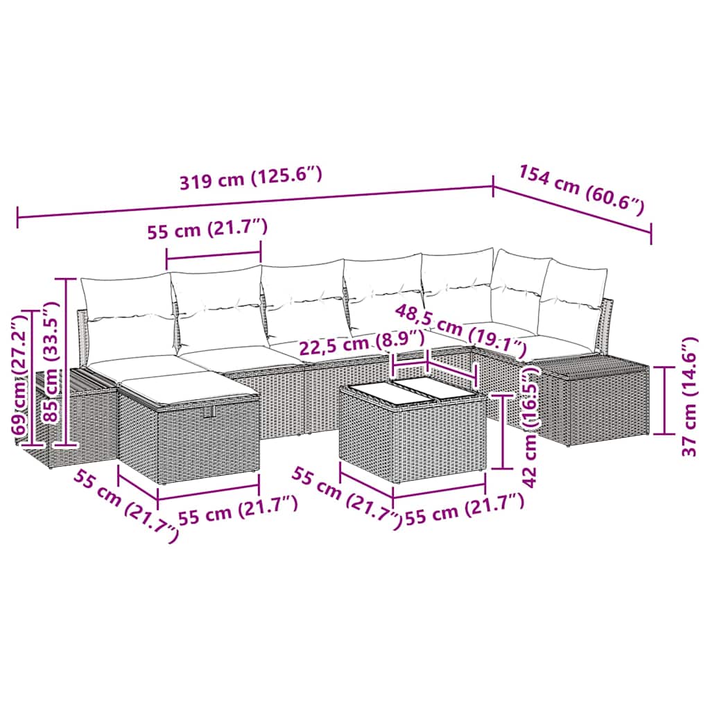 Ensemble de canapé de jardin avec coussin 8 pcs Noir polyrotin - XIOS