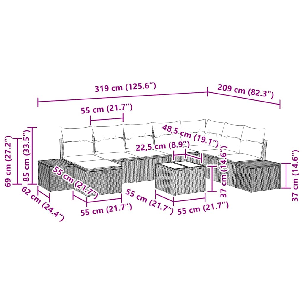 Ensemble de canapé de jardin avec coussin 9 pcs Beige polyrotin - XIOS