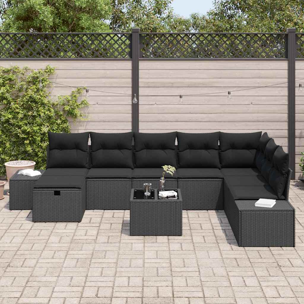 Ensemble de canapé de jardin avec coussin 9 pcs Noir polyrotin - XIOS