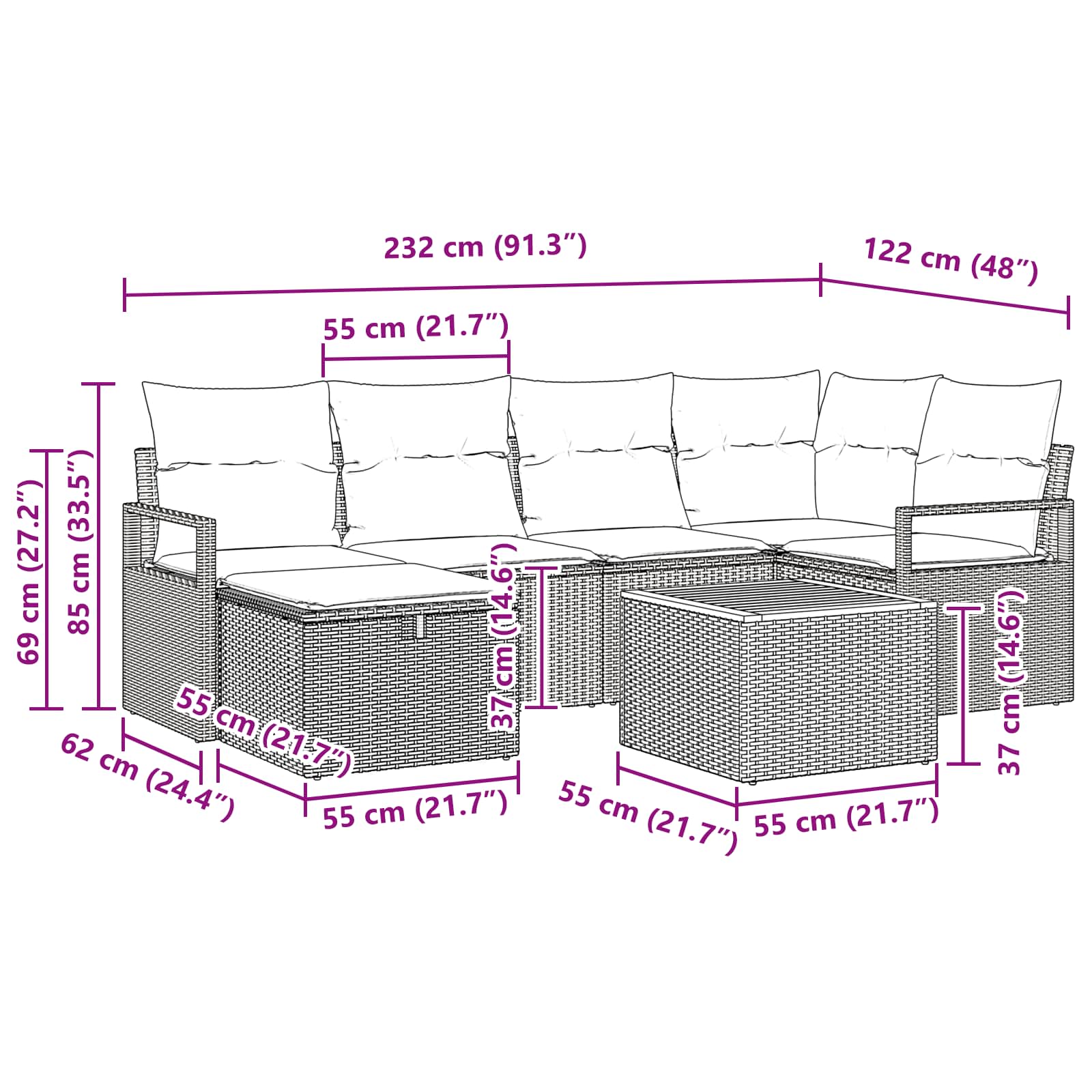 Ensemble de canapé de jardin avec coussin 7 pcs Noir polyrotin - XIOS