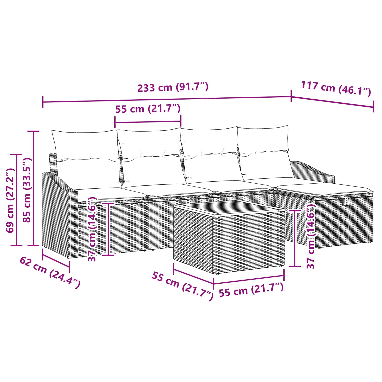 Ensemble de canapé de jardin avec coussin 6 pcs Noir polyrotin - XIOS