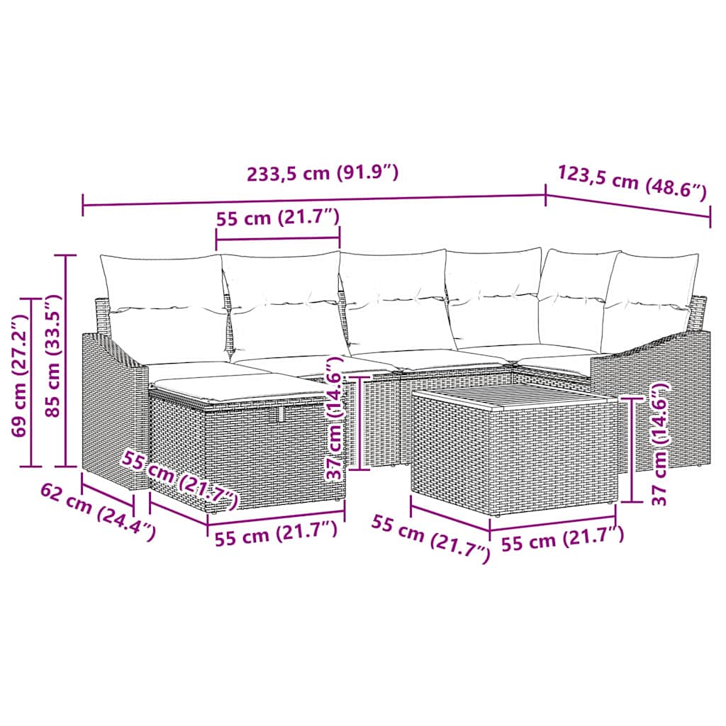 Ensemble de canapé de jardin avec coussin 7 pcs Beige polyrotin