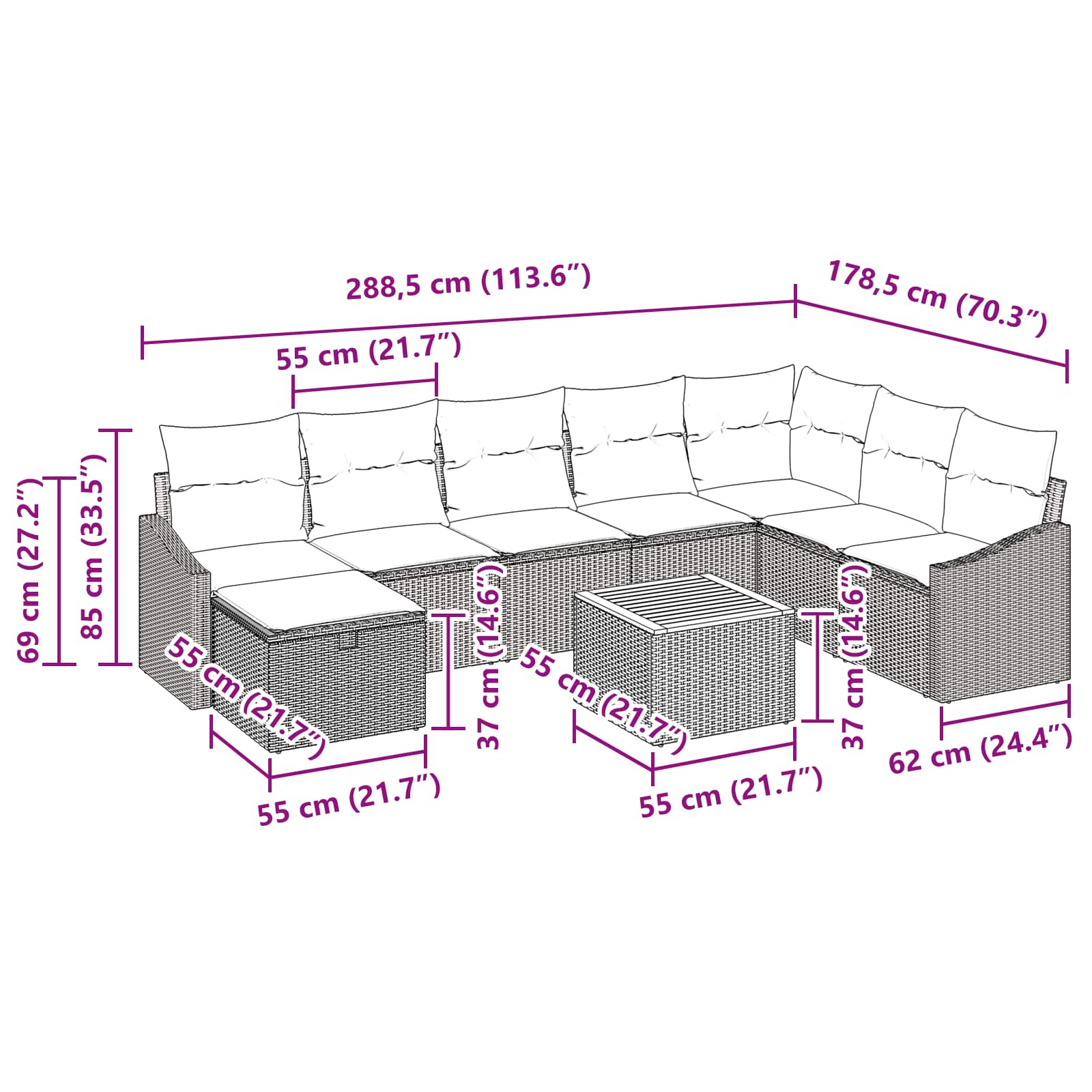 Ensemble de canapé de jardin avec coussin 9 pcs Noir polyrotin - XIOS