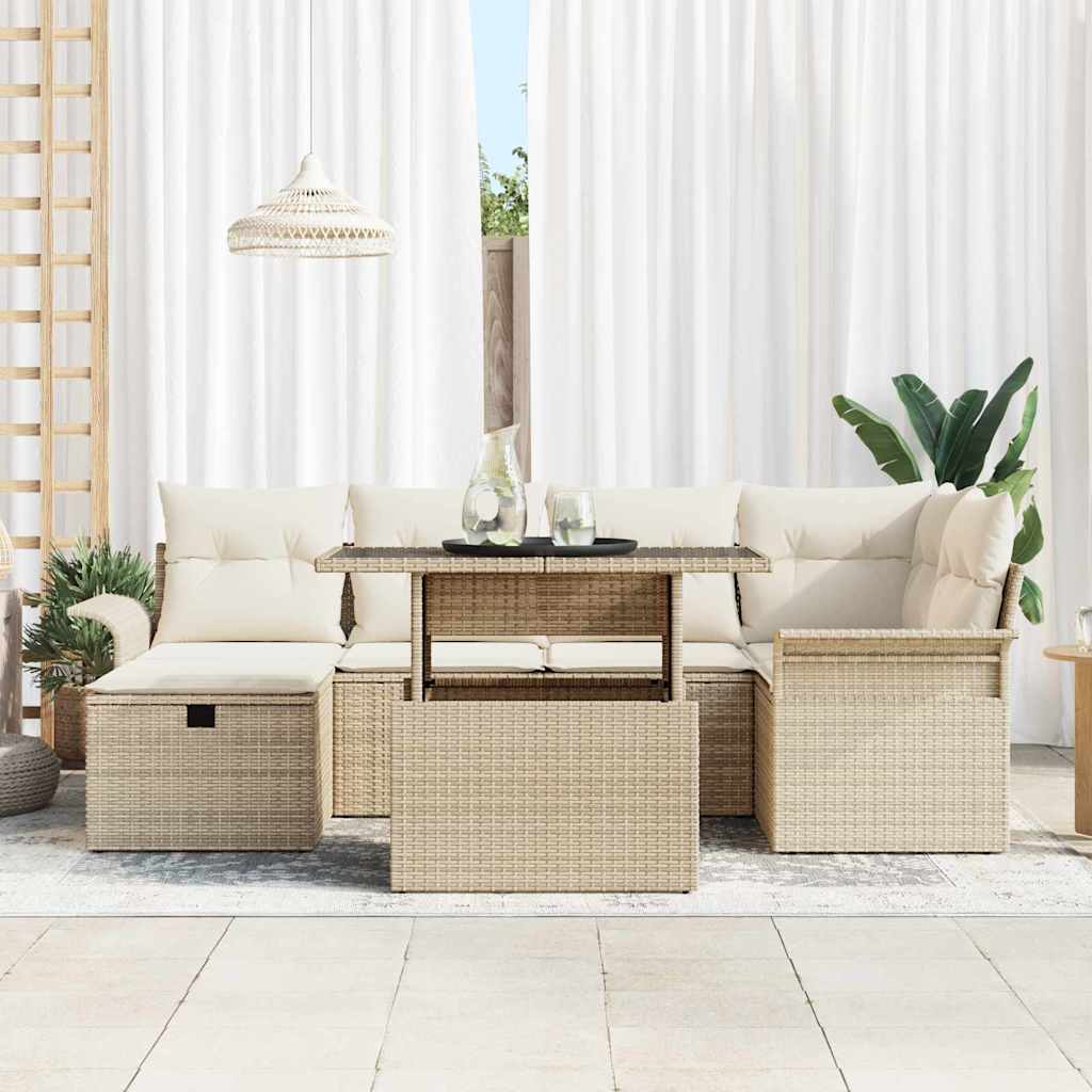 Ensemble de canapé de jardin avec coussin 7 pcs Beige polyrotin