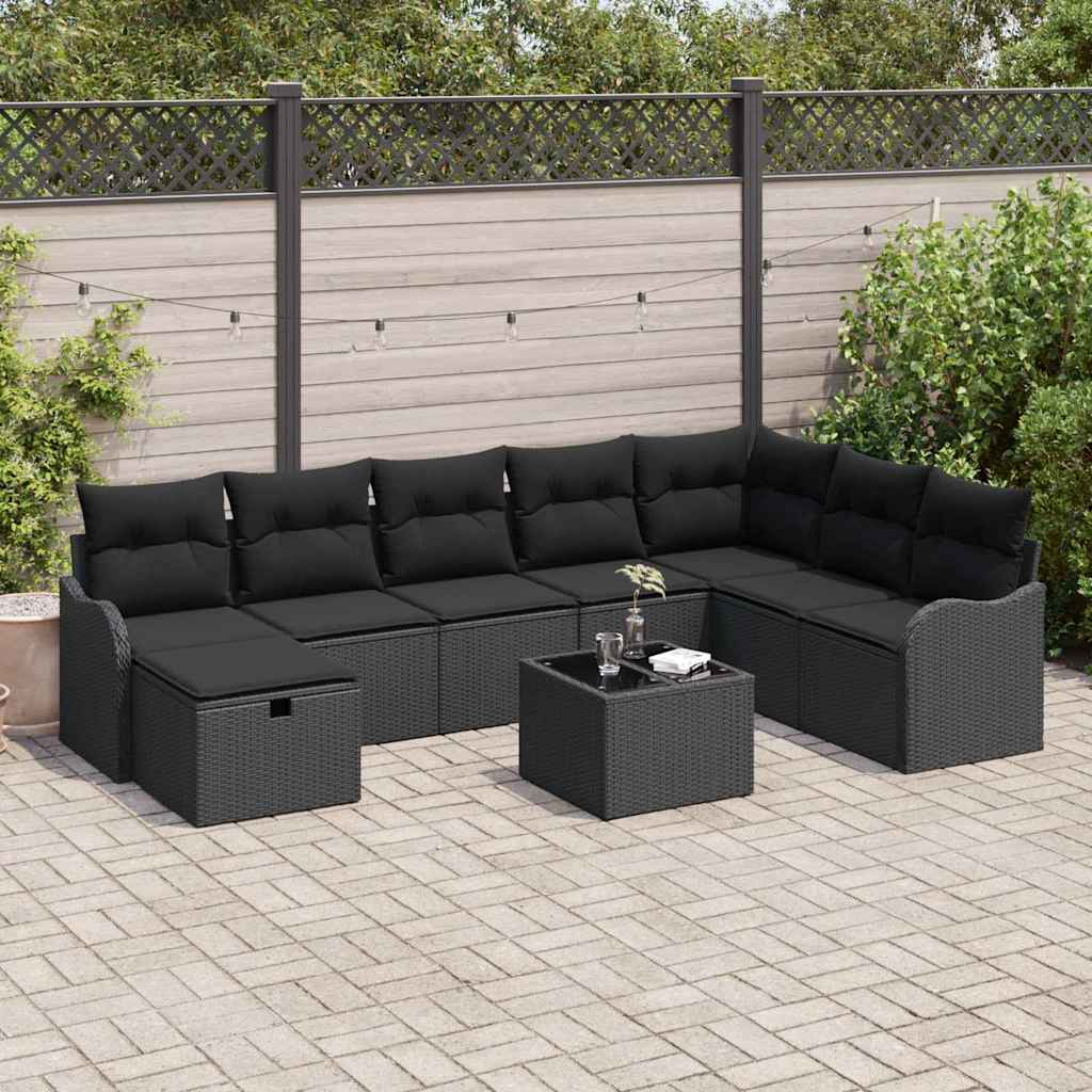 Ensemble de canapé de jardin avec coussin 9 pcs Noir Poly rotin - XIOS