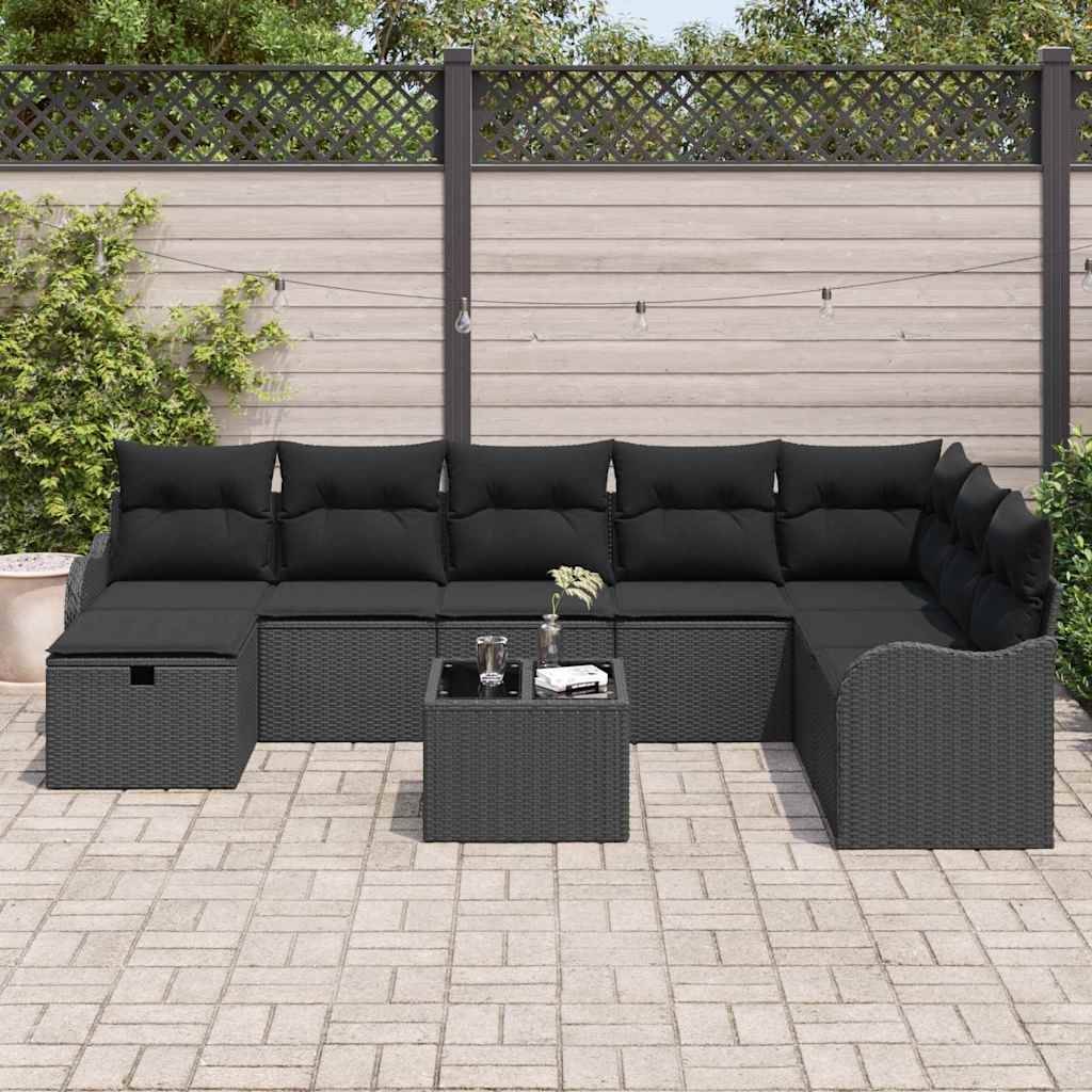 Ensemble de canapé de jardin avec coussin 9 pcs Noir Poly rotin - XIOS