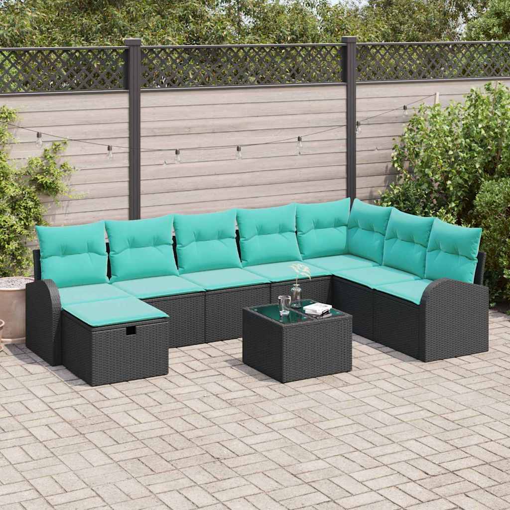 Ensemble de canapé de jardin avec coussin 9 pcs Noir Poly rotin