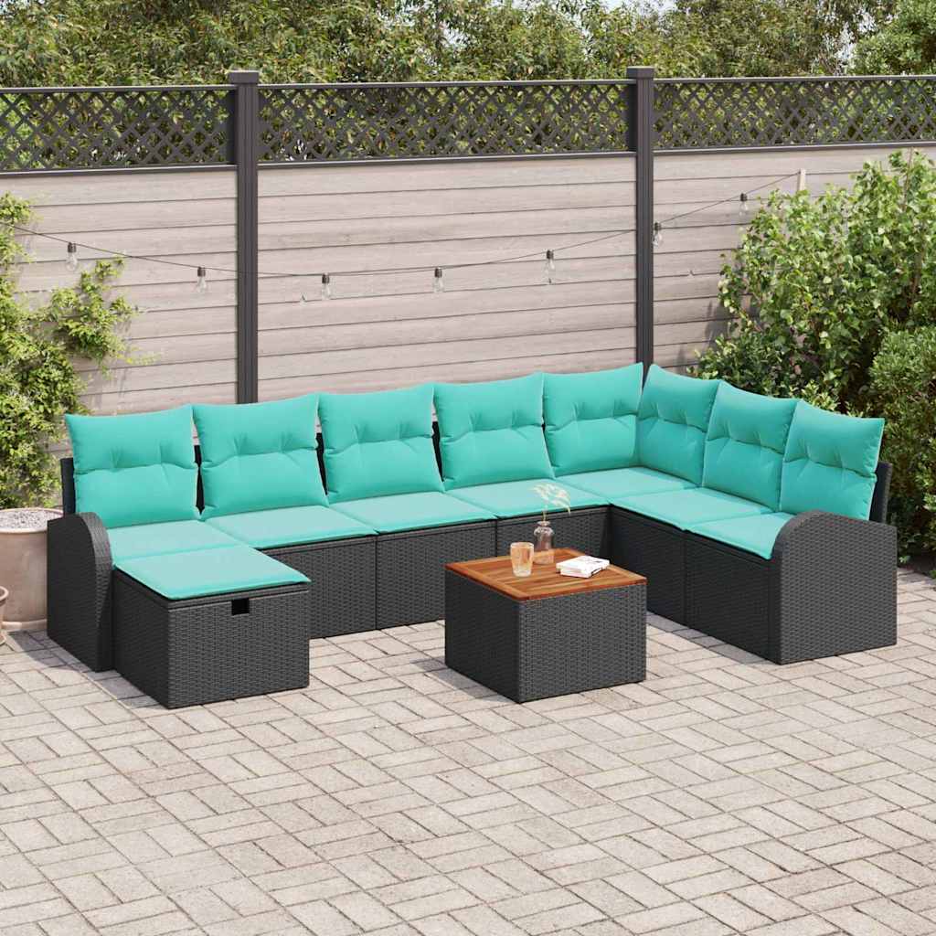 Ensemble de canapé de jardin avec coussin 9 pcs Noir Poly rotin