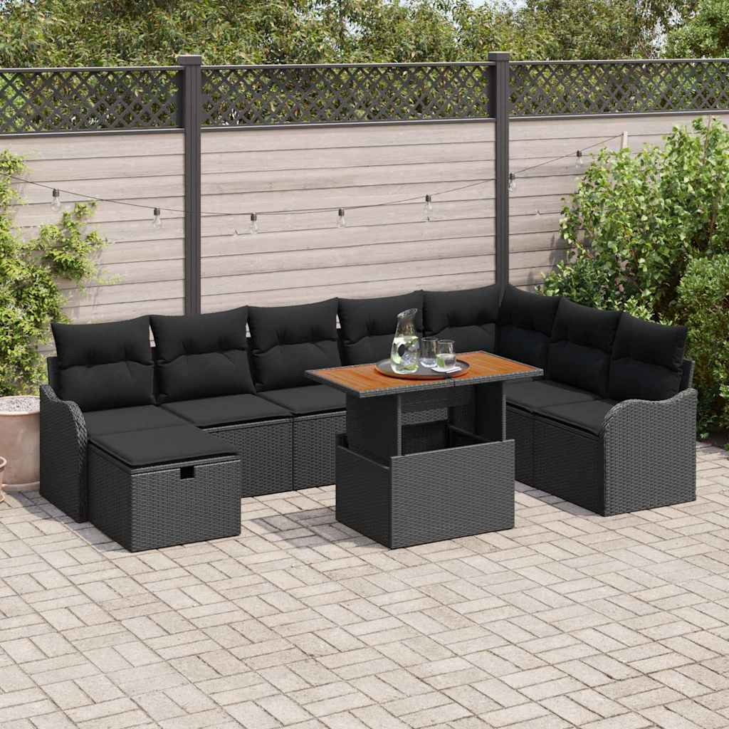 Ensemble de canapé de jardin avec coussin 9 pcs Noir polyrotin - XIOS