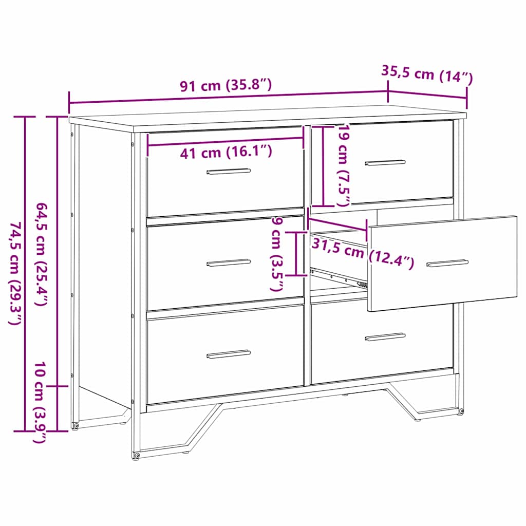 Commode 6-Tiroir Bois ancien 91 x 35,5 x 74,5 cm