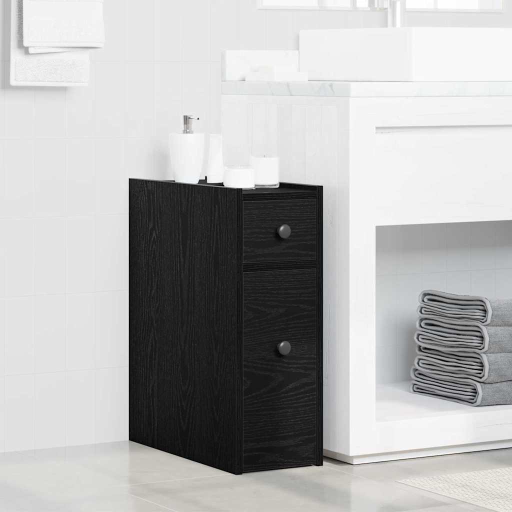 Armoire de salle de bain étroite avec roulettes en chêne noir et bois aggloméré