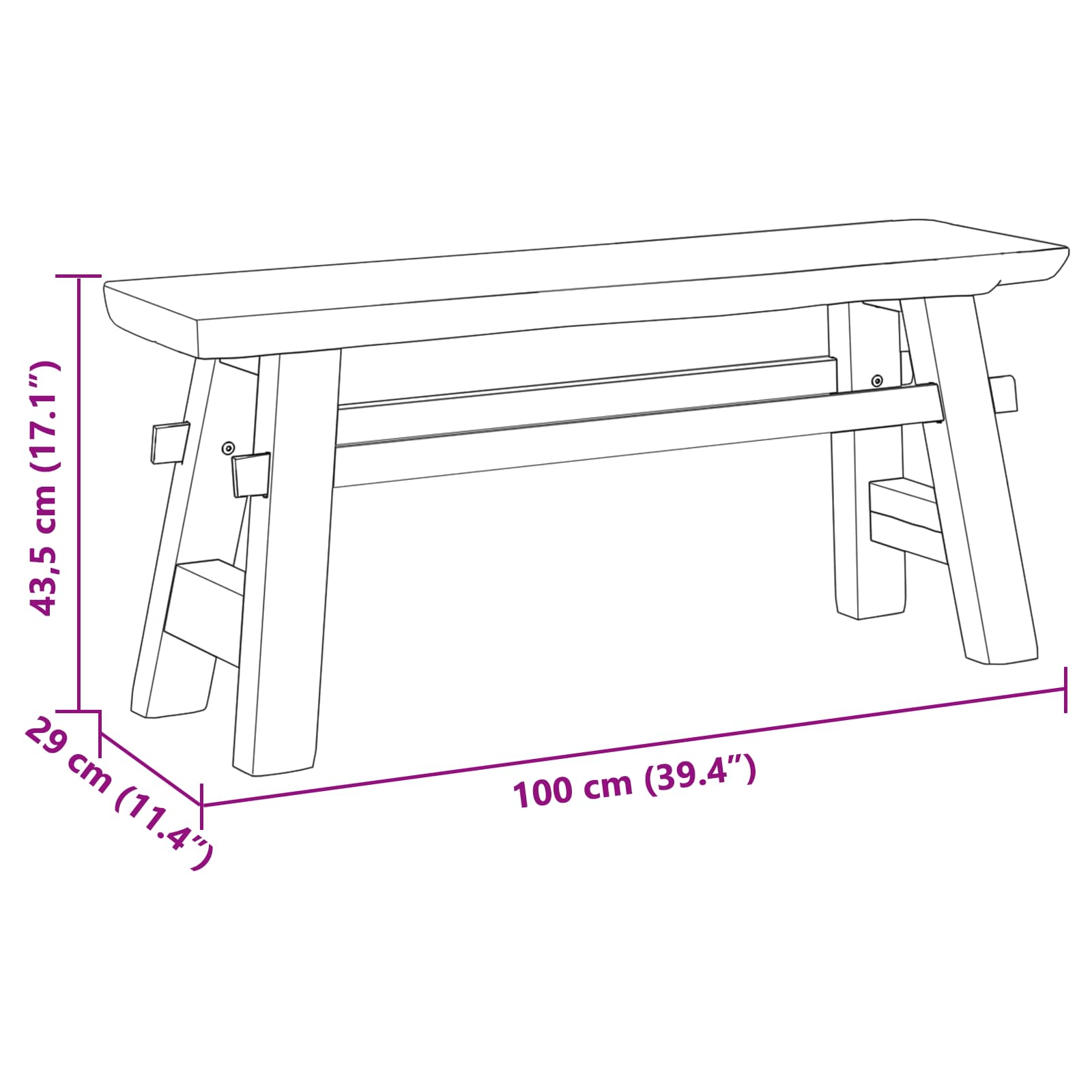 banc Naturel 100 x 29 x 43,5 cm Bois de teck massif - XIOS
